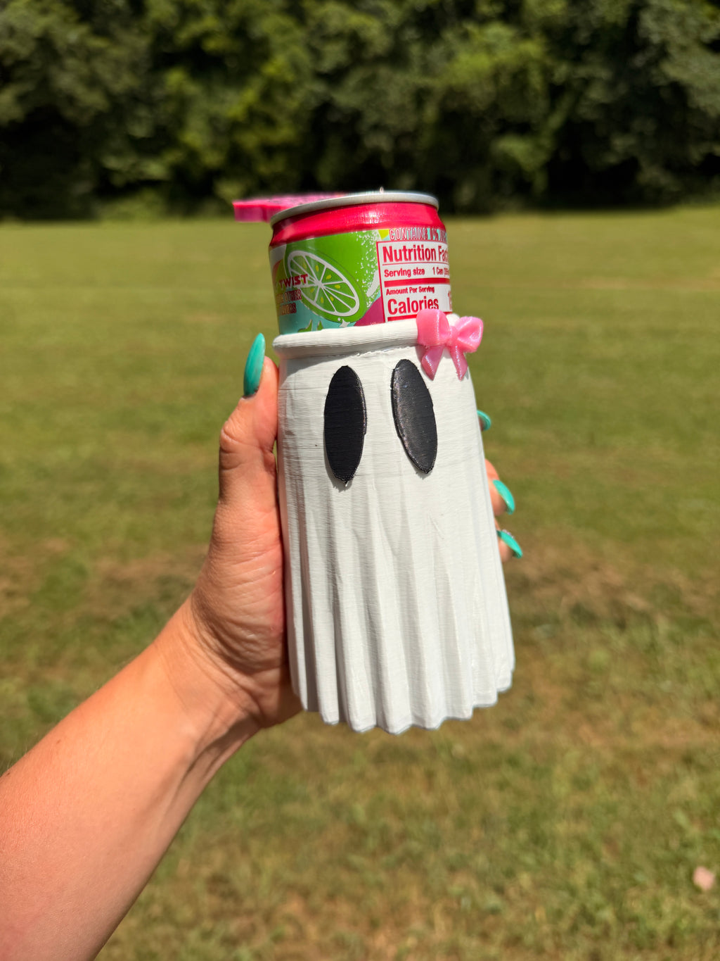 The Ghostie™ Slim Can Koozie | Cute Halloween Ghost Can Holder | 3D Printed Coquette Ghost | Fits 12 oz Slim Cans | Fall Drink Sleeve