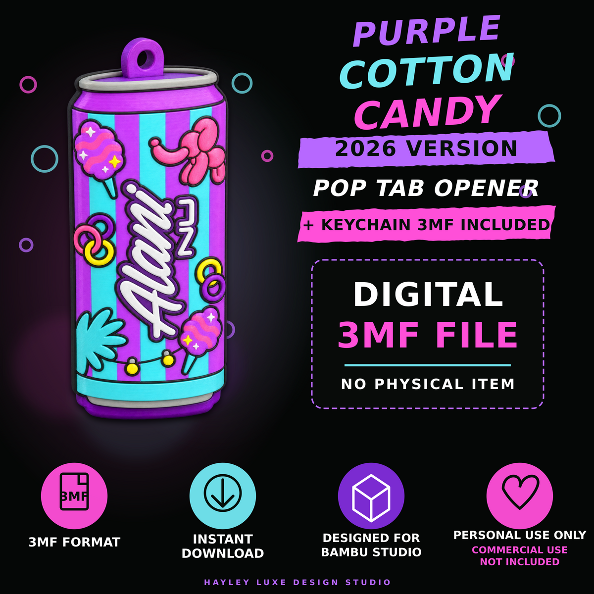 Purple Cotton Candy Pop Tab Opener & Keychain 3MF File