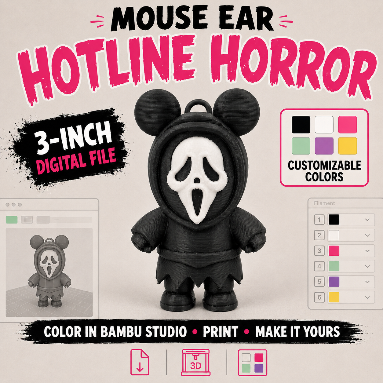 Mouse Ear Hotline Horror | Customizable 3D Printing 3MF File