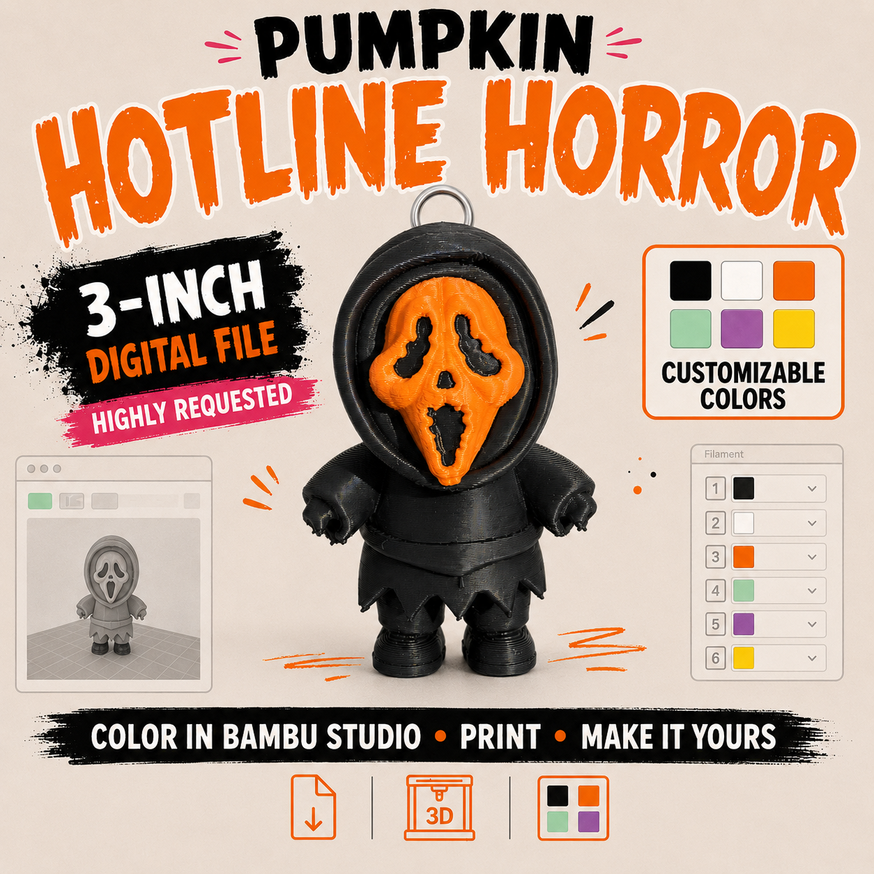 Pumpkin Hotline Horror | Customizable 3D Printing 3MF File